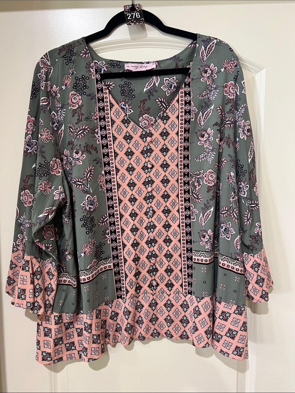 Olive Green and Pink Floral Patchwork Tunic Top H276